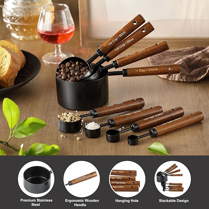 8PCS Measuring Cups and Spoons Set, DV Stainless Steel Measuring Cups with Ergonomic Wooden Handle for Cooking & Baking - Image 2