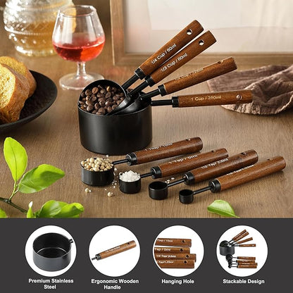 8PCS Measuring Cups and Spoons Set, DV Stainless Steel Measuring Cups with Ergonomic Wooden Handle for Cooking & Baking - Image 2
