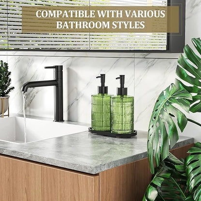 MASADI Soap Dispenser Set with Bamboo Tray, Dish and Hand Soap Lotion Dispenser Set with Wooden Pump for Kitchen and Bathroom Decor for Counter, Modern Vintage Liquid Soap Dispensers (Green&Black) - Image 7