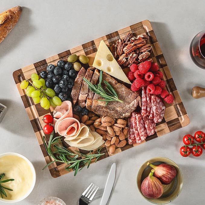 Checkerboard Cutting Boards for Kitchen, Acacia Wooden Cutting Board, End Grain Chopping Board with Juice Groove, Serving Tray for Meat, Vegetables, Fruits, Bread, Cheese, 14" X 11" X 0.8" - Image 8