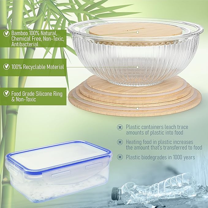 Stackable Space-Saving Nesting Set of 3 Glass Bowls with Bamboo Lids for Foodprep, Storage, Mixing & Cooking - Microwave & Oven Safe BPA Free Durable Heat Resistant Inert Borosilicate Glass - Image 5