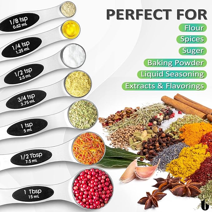 Urbanstrive 8 Pcs Upgraded Magnetic Measuring Spoons Set Stainless Steel Dual Sided for Liquid Dry Food Measuring Cups Spoons Set Fits in Spice Jar Kitchen Gadgets Including Leveler, Silver - Image 5