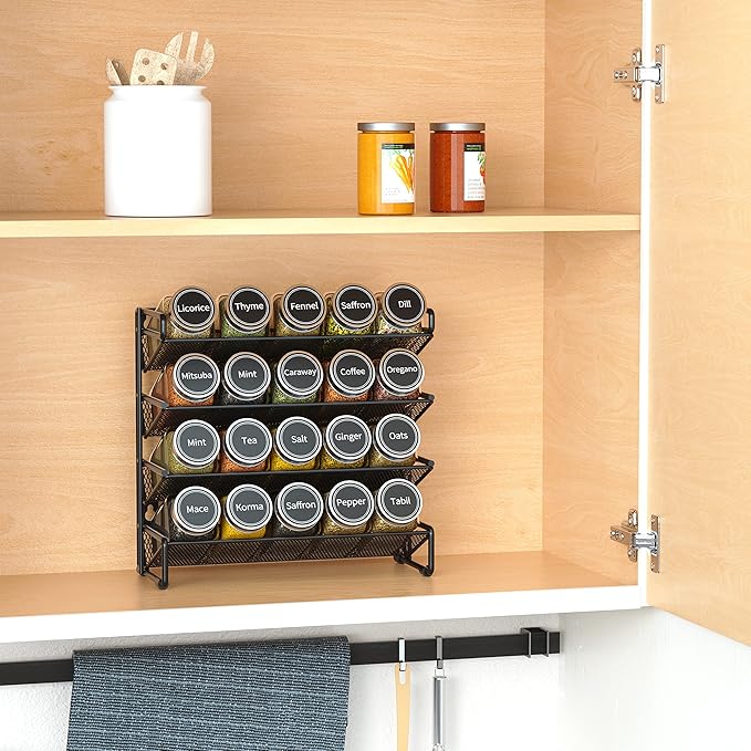 SpaceAid Spice Rack Organizer with 20 Spice Jars, 386 Spice Labels, Chalk Marker and Funnel Set for Cabinet, Countertop, Pantry, Cupboard or Door & Wall Mount - 20 Jars, 9.8" W × 10.8“H, Black - Image 2