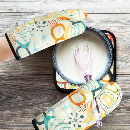 Mid Century Modern Oven Mitts and Pot Holders Sets Washable Oven Gloves Heat Resistant 4 Pcs Decorative Kitchen Hot Pads and Mitts for Baking Cooking Grilling