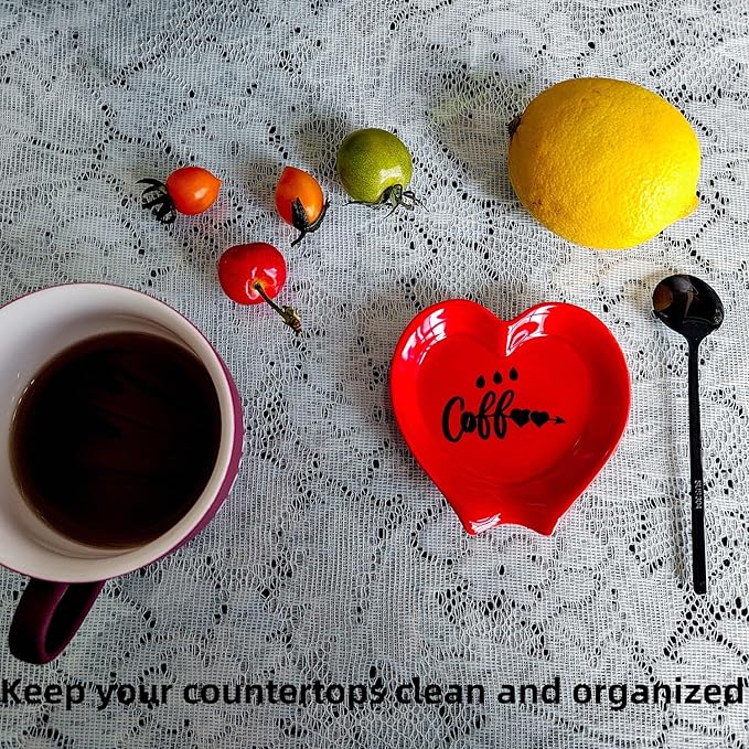 Heart-shaped Coffee Spoon Rest, Mini Coffee Spoon Holder, Small Ceramic Spoon Rest for Coffee Stirrers, Teaspoon, Bar Spoon, Coffee Bar Accessories, Coffee Station (Red+black spoon) - Image 7