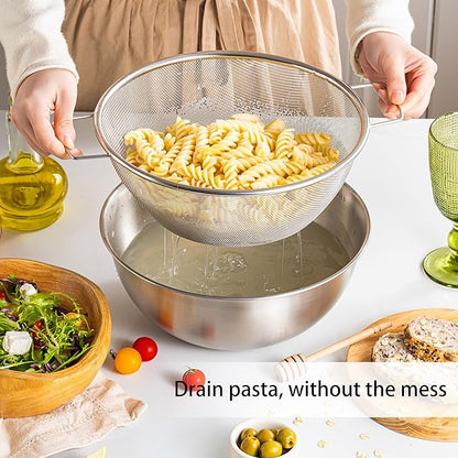 304 Stainless Steel Kitchen Colander Set, 3.5QT Colander with Handle and Bowl, 40 Mesh Fine Strainer, Fast Draining for Rice, Pasta, Fruits & Vegetables, Dishwasher Safe