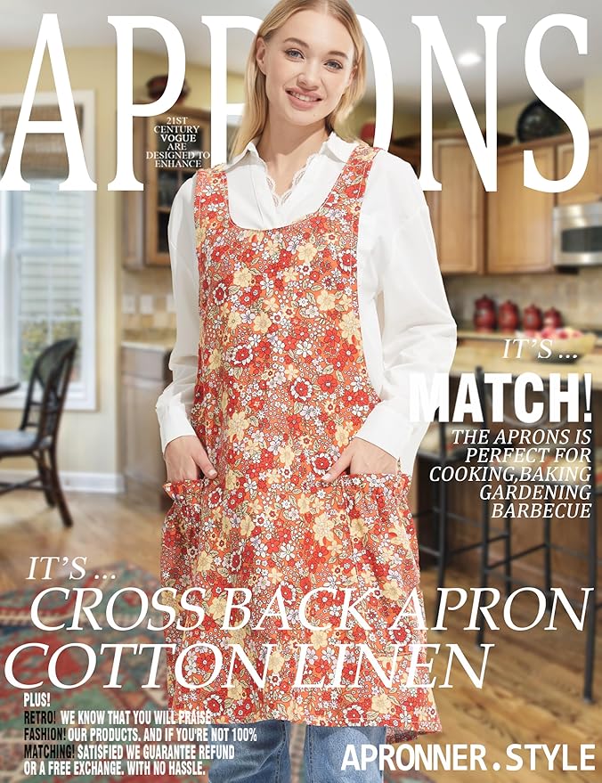 Cozy Adjustable Cross Back Aprons for Women with Pockets Cotton Linen Cooking Kitchen Baking