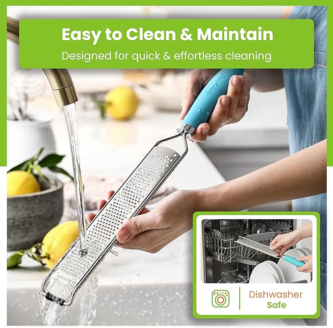 Spring Chef Stainless Steel Lemon Zester Grater with Handle - Garlic, Cheese, Parmesan, Nutmeg, Lime, Ginger Grater - Heavy Duty Kitchen Tool - Citrus Zester with Blade Cover - Fine Shred - Aqua Sky