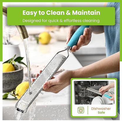Spring Chef Stainless Steel Lemon Zester Grater with Handle - Garlic, Cheese, Parmesan, Nutmeg, Lime, Ginger Grater - Heavy Duty Kitchen Tool - Citrus Zester with Blade Cover - Fine Shred - Aqua Sky
