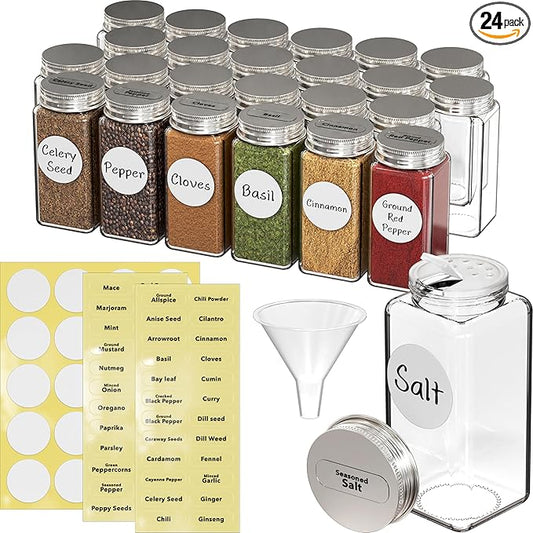 Simple Houseware Spice Jars 4 Ounce Square Glass Bottles with Shaker Lids, Funnel and Labels for Seasoning & Storage, 24 Pack by SimpleHouseware