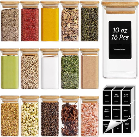 ComSaf 16Pcs Spice Jars with Labels, Glass Jar witj Bamboo Lid, 10oz Airtight Square Containers with Black Lables, Empty Seasoning Jars for Spice, Salt, Pepper, Sugar by ComSaf