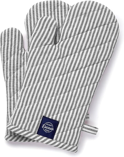 Encasa XO Long 12"x7" Oven Microwave Hand Gloves Mitts (2 pc Set) for Kitchen Cooking & Baking - Heat Resistant, Thick & Safe, Protection of Hands from Hot Utensils - Ticking Black