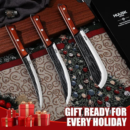 Huusk Butcher Knife Set for Meat Cutting, 3PCS Carving BBQ Brisket Knives, Hand-forged Kitchen Knive Set with Ergonomic Handle, Christmas Gifts for Men Women - Image 2