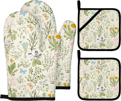 Vintage Wild Floral Oven Mitts and Pot Holders Sets Green Botanical Butterfly Kitchen Oven Gloves Hot Pads Farmhouse Potholders and Kitchen Mitts 4Pcs for Baking Cooking BBQ (Beige)