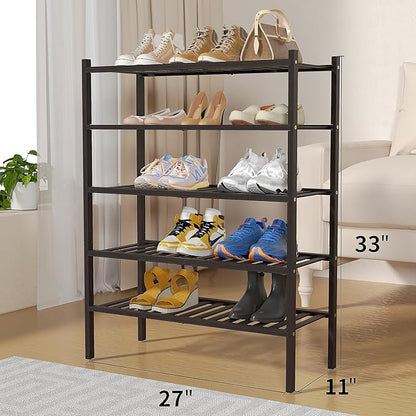 ROMGUAR CRAFT 5 Tier Bamboo Shoe Rack for Closet Free Standing Wood Shoe Shelf for Entryway Small Space Stackable 27"x11"x33" (Brown) - Image 3