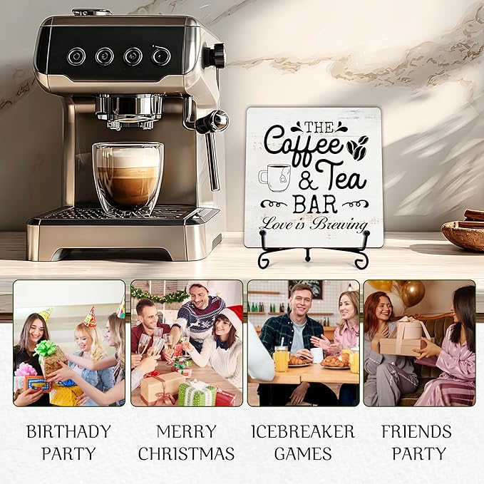 Coffee Bar Sign, Love is Brewing Farmhouse Tabletop Decor, Coffee and Tea Lover Gifts, 5x5 Wood Plaque with Iron Stand for Home Kitchen Cafe, Coffee Bar Decor – L07 - Image 5