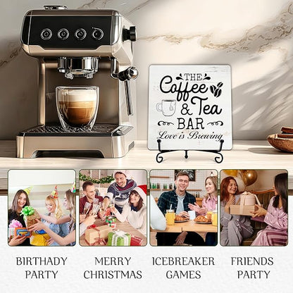 Coffee Bar Sign, Love is Brewing Farmhouse Tabletop Decor, Coffee and Tea Lover Gifts, 5x5 Wood Plaque with Iron Stand for Home Kitchen Cafe, Coffee Bar Decor – L07 - Image 5