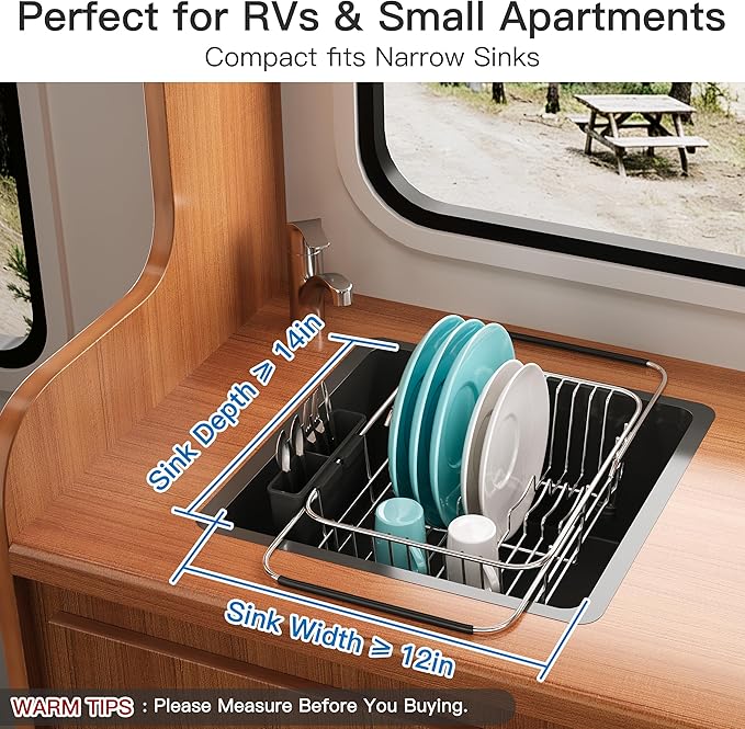 Apartment RV Small Dish Drainer Drying Rack Over The Sink In Stainless Steel for Narrow Kitchen, Counter Space Saving Compact Expandable Metal Plate Dryer Strainer, Modern Above Wire Drain Holder - Image 3