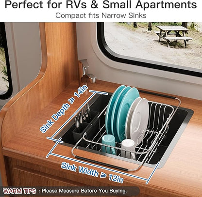 Apartment RV Small Dish Drainer Drying Rack Over The Sink In Stainless Steel for Narrow Kitchen, Counter Space Saving Compact Expandable Metal Plate Dryer Strainer, Modern Above Wire Drain Holder - Image 3