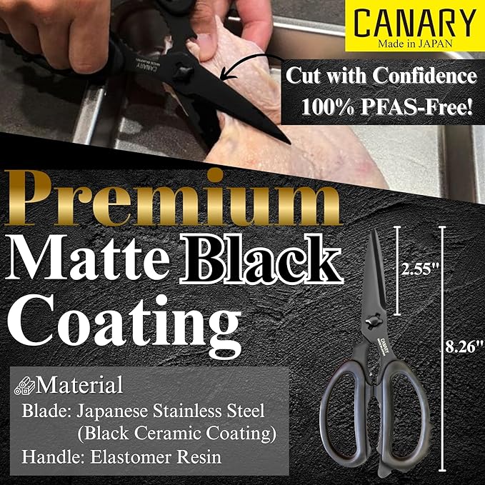 CANARY Japanese Kitchen Scissors All Purpose Heavy Duty 8.2" Matte Black, Made in JAPAN, Dishwasher Safe Come Apart Blade, Multipurpose Kitchen Shears, Sharp Serrated Japanese Stainless Steel Blade - Image 3