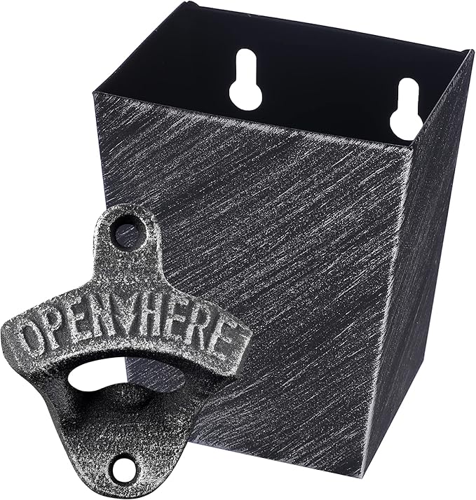 Old Fashioned Cast Iron Beer Cap Opener Wall Mounted Bottle Opener with Cap Catcher Narrow Bundle (Aged Silver) by Wallmountedbottleopener