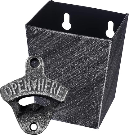 Old Fashioned Cast Iron Beer Cap Opener Wall Mounted Bottle Opener with Cap Catcher Narrow Bundle (Aged Silver) by Wallmountedbottleopener