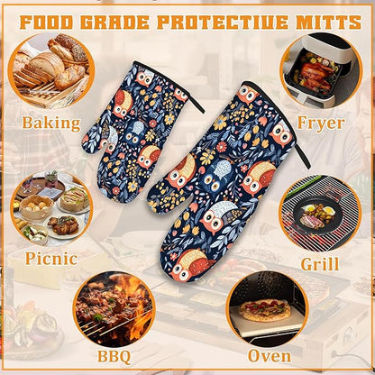Colorful Cute Owl Oven Mitts and Pot Holders,Heat Resistant Oven Mitts Gloves and Pot Holder for Home Kitchen Decorations Cooking Baking BBQ Gifts,Set of 4