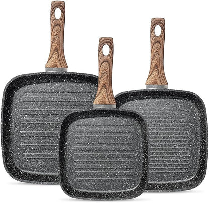 3 Pcs Pots and Pans Set, Nonstick & Non-Toxic Healthy Pots and Pans with Wooden Handle, Durable Skillet Indoor & Outdoor Use, All Stovetops Compatible, PFOA Free, Black