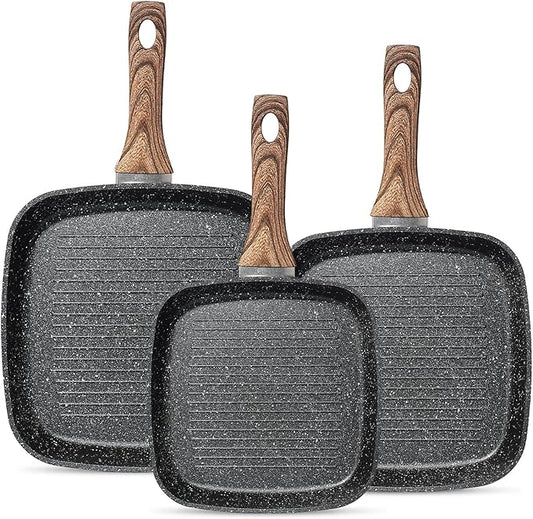 3 Pcs Pots and Pans Set, Nonstick & Non-Toxic Healthy Pots and Pans with Wooden Handle, Durable Skillet Indoor & Outdoor Use, All Stovetops Compatible, PFOA Free, Black