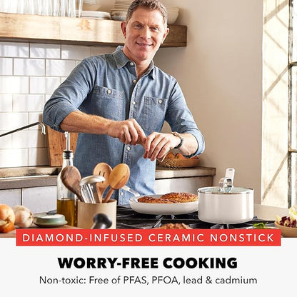 GreenPan x Bobby Flay 13 Piece Nonstick Cookware Pots and Pans Set, PFAS-Free Diamond Ceramic, Induction Suitable, Easy Clean Dishwasher & Oven Safe, Stay-Cool Silicone Handles, Glass Lids, Cream - Image 2