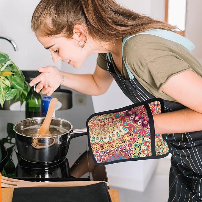 Colorful Abstract Mandala Floral Pot Holders for Kitchen, Boho Vibrant Ethnic Flower Botanical Heat Resistant Hot Pads and Oven Mitts for Baking Cooking - Image 3