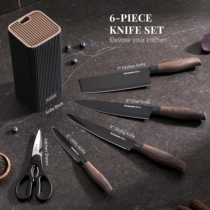Astercook Knife Set, 6-Piece Kitchen Knife Set with Block, High Carbon Stainless Steel Ultra Sharp Kitchen Knives, Wood Grain Handle, Dishwasher Safe Knife Block Set, Black, Mothers Day Gifts - Image 2