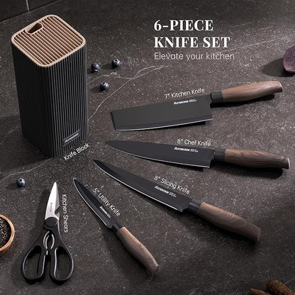 Astercook Knife Set, 6-Piece Kitchen Knife Set with Block, High Carbon Stainless Steel Ultra Sharp Kitchen Knives, Wood Grain Handle, Dishwasher Safe Knife Block Set, Black, Mothers Day Gifts - Image 2