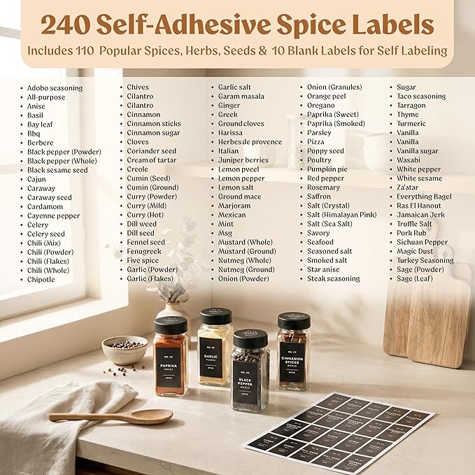 EDELHAUS Glass Spice Jars with Labels (24 x 4oz) Spice Containers with 240 Labels, Shaker Inserts, Funnel, Empty Square Empty Square Seasoning Organizer (Black Lids) - Image 6