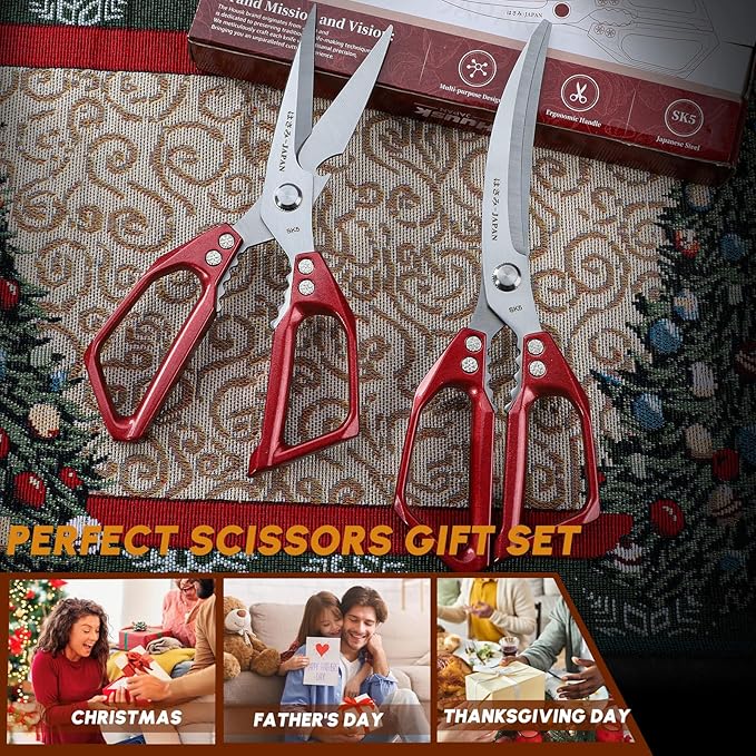 HUUSK Kitchen Scissors Set Red - Stainless Steel Kitchen Shears, Sharp Meat Scissors Dishwasher Safe, Heavy Duty Poultry Shears All Purpose, Japanese Cooking Scissor for Food,Christmas Gifts for Women - Image 7