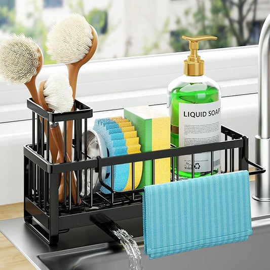 HapiRm Sponge Holder for Kitchen Sink - Self-draining Sink Caddy with Brush and Dishcloth Holders, Stainless Steel Kitchen Countertop Organizers and Storage Essentials - Black by HapiRm