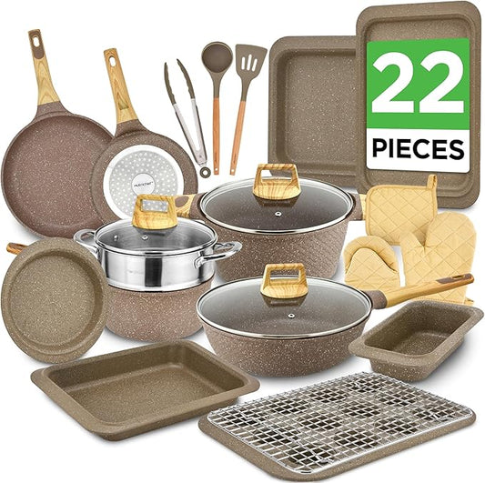 Nutrichef 22-Piece Marble Non-Stick Cookware and Bakeware Set - Professional Home Kitchen Collection with Multi-Sized Pots, Pans, and Heat-Resistant Tools by NutriChef%E2%84%A2Kitchen