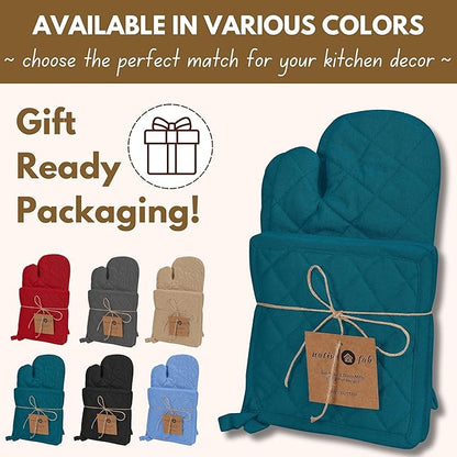 Native Fab Pot Holders and Oven Mitts Sets for Kitchen Heat Resistant - Hanging Non-Slip - 100% Cotton Kitchen Oven Mitts and Pot Holders 4 Piece Set - Teal - Image 4