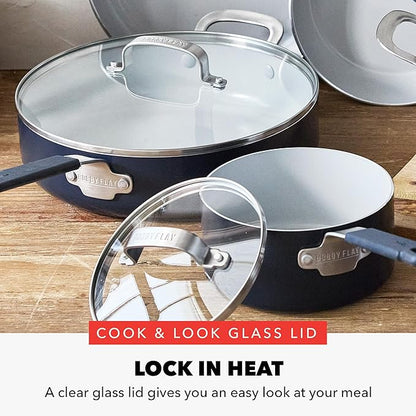 GreenPan x Bobby Flay 13 Piece Nonstick Cookware Pots and Pans Set, PFAS-Free Diamond Ceramic, Induction Suitable, Easy Clean Dishwasher & Oven Safe, Stay-Cool Silicone Handles, Glass Lids, Navy Blue - Image 9