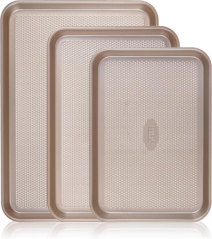 Baker's Secret Baking Sheet Pan Set, 3x Cookie Sheets for Oven, Diamond Texture Premium Air Flow, Set of 3 Baking Trays, Extra Thick 0.6mm with Diamond Base PFOA, PFOS, PTFE and PFAS free by BakersSecret