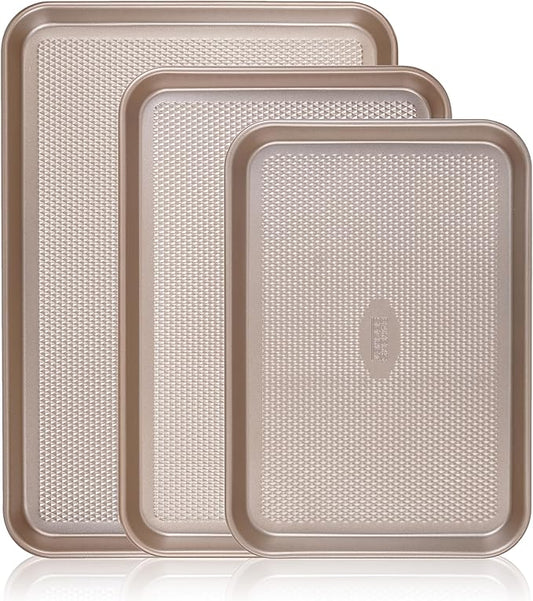 Baker's Secret Baking Sheet Pan Set, 3x Cookie Sheets for Oven, Diamond Texture Premium Air Flow, Set of 3 Baking Trays, Extra Thick 0.6mm with Diamond Base PFOA, PFOS, PTFE and PFAS free by BakersSecret