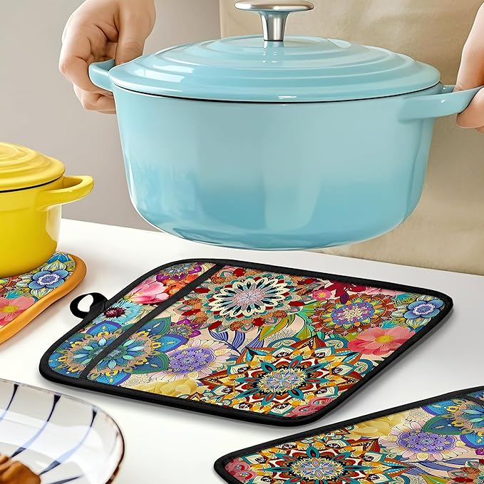 Boho Floral Oven Mitts Set, Vintage Luxury Colorful Flower Floral Heat Resistant Kitchen Oven Gloves for Baking and Cooking,Pot Holders - Image 6