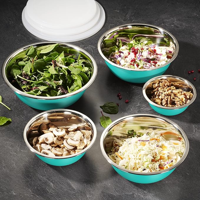 WHYSKO Stainless Steel Mixing Bowls With Lids Set, 5 Sizes Nesting Mixing Bowls for Your Kitchen Meal Prep, Cooking, Baking, and Food Storage (Blue Bowls with White Lids) - Image 4