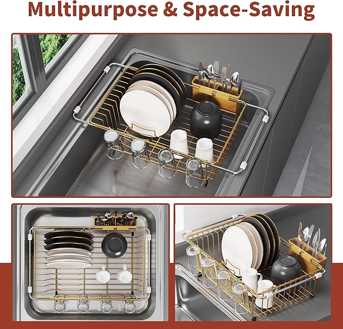 JASIWAY Gold in Sink Dish Drying Rack, Expandable Stainless Steel Small Dish Rack Over Kitchen Sink, Plate Drainer Strainer with Cutlery Holder & Cup Holders, Counter Space Saving Wire Dryer Rack - Image 2