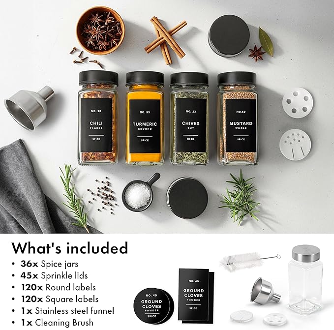 EDELHAUS Glass Spice Jars with Label and Black Lids (36 x 4oz) Spice Containers with 240 Labels, Shaker Inserts, Steel Funnel, Empty Square Empty Square Seasoning Organizer - Image 8