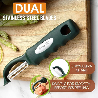 Spring Chef Premium Swivel Vegetable Peelers for Kitchen, Stainless Steel Apple Peelers with Soft Grip Handle and Sharp Blades, Perfect for Potato, Carrot, Mango, Cucumber - Set of 2 - Pine Green - Image 2