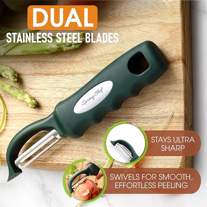 Spring Chef Professional Swivel Vegetable Peeler for Kitchen, Stainless Steel Potato Peeler with Comfortable Handle, Great for Apple, Veggie, Carrot, Cucumber - Dishwasher Safe - Pine Green - Image 2