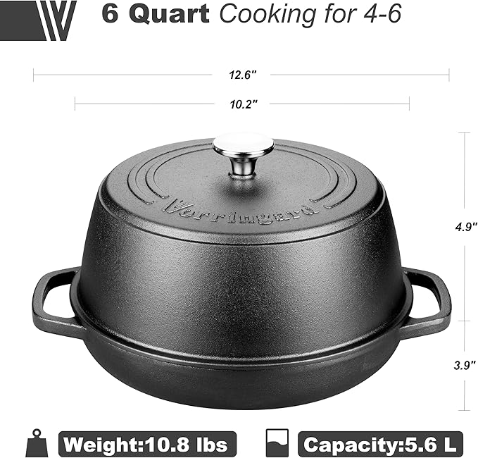 VORRINGARD Cast Iron Dutch Oven Pot with Lid for Bread Baking - include Sourdough Bread Baking Supplies like Banneton Bread Proofing Basket, Bread Oven 6 QT, Pre-seasoned