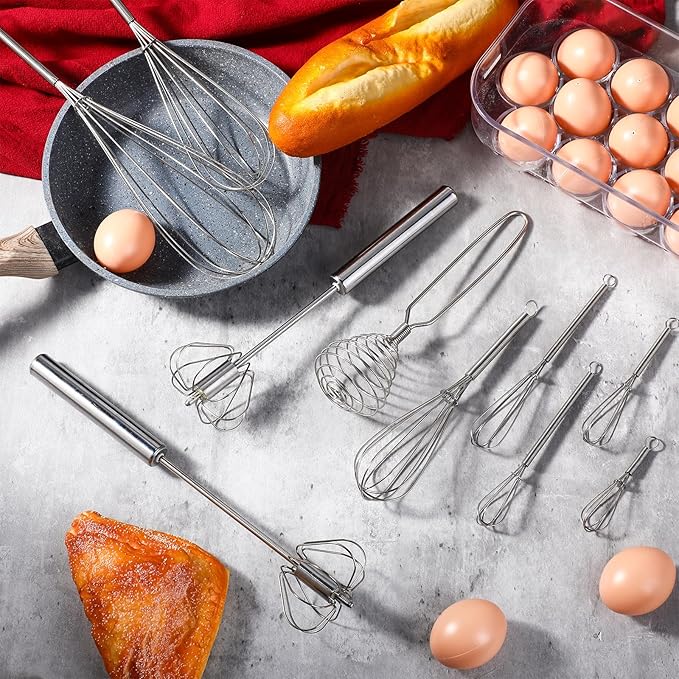 Teenyyou 10 Pcs Stainless Steel Whisks Set Egg Beater Semi Auto Whisk Blender Hand Push Beater Versatile Utensil for Kitchen Mixing Blending Beating Stirring Cooking 3 5 6 7 8 10 12 Inch - Image 4