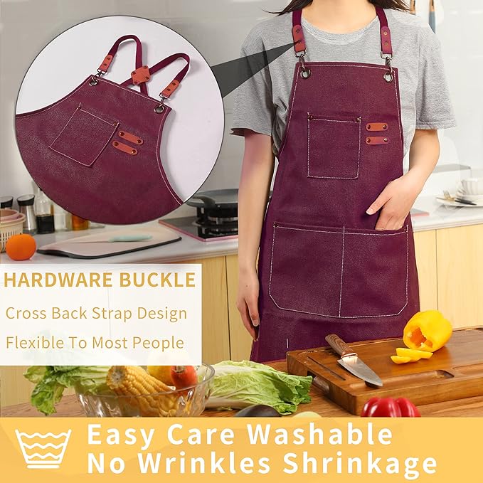 Tosewever Canvas Cross Back Chef Cotton Aprons for Men Women with Large Pockets - Image 5